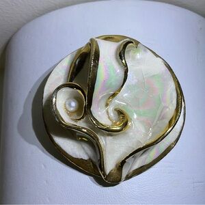 Artisan Crafted Sculptural Faux Pearl Gold-Tone Edge Brooch Pin Iridescent Paint